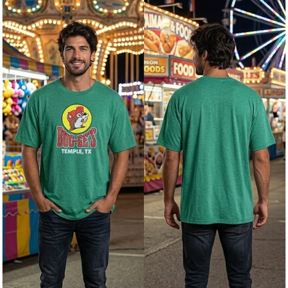 Buc-ee's Temple TX Beaver Logo Green T Shirt Men's Size 2XL 52 Chest Graphic Tee